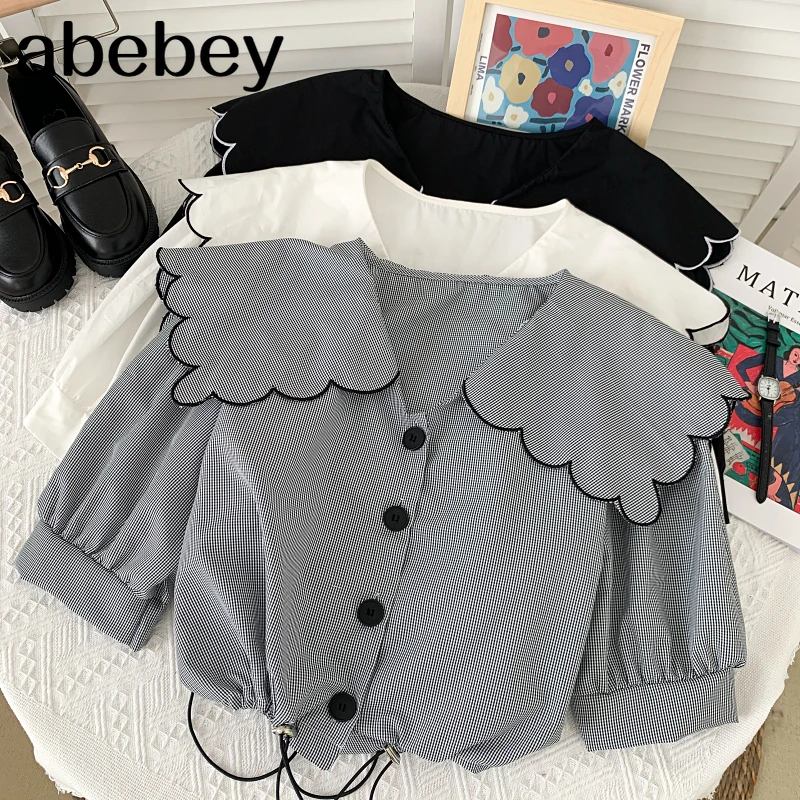 

2021 New Summer Sweet versatile wave cut doll collar puff sleeve Shirt single breasted waist lace up short Shirt Top