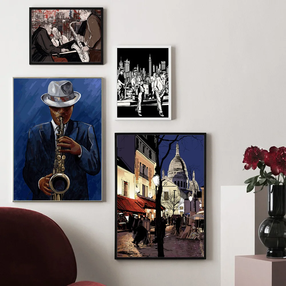 

Watercolor Street Man Playing Saxophone Nordic Posters and Prints Wall Art Canvas Painting Wall Pictures for Living Room Decor