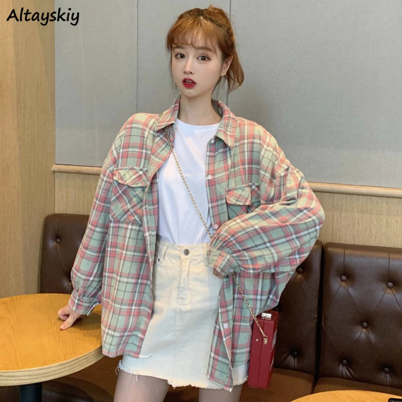 

shirts women plaid long sleeve turn-down collar loose spring outwear all-match womens korean style casual simple harajuku trendy
