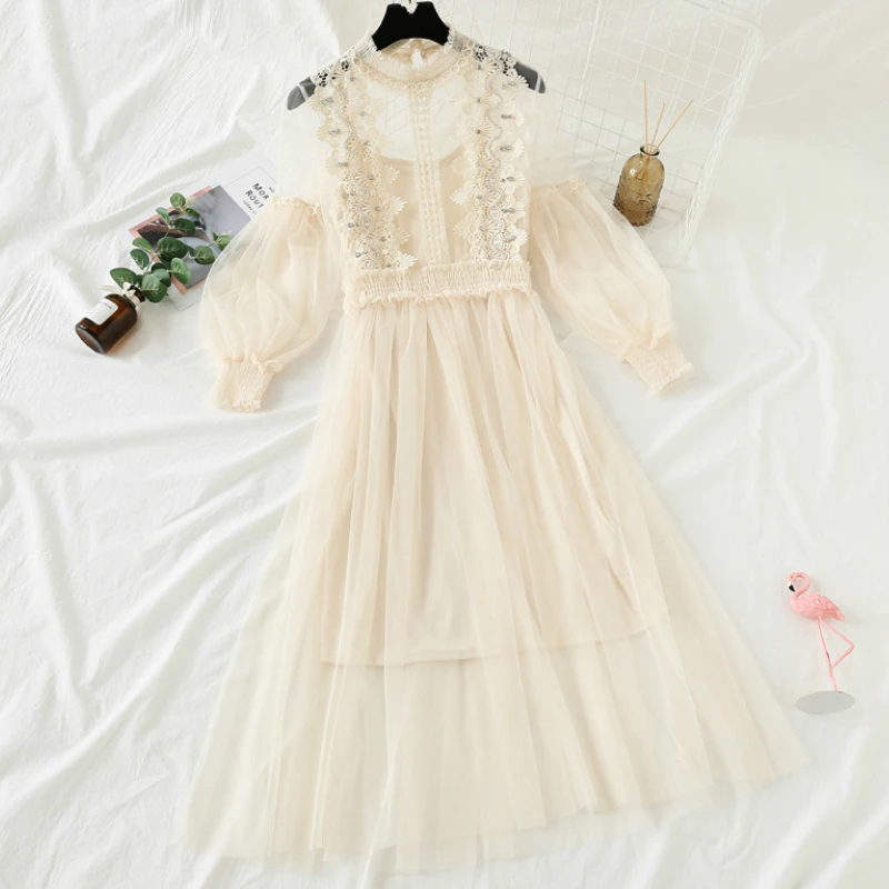 2019 осеннее женское элегантное кружевное платье с рукавами фонариками вечерние