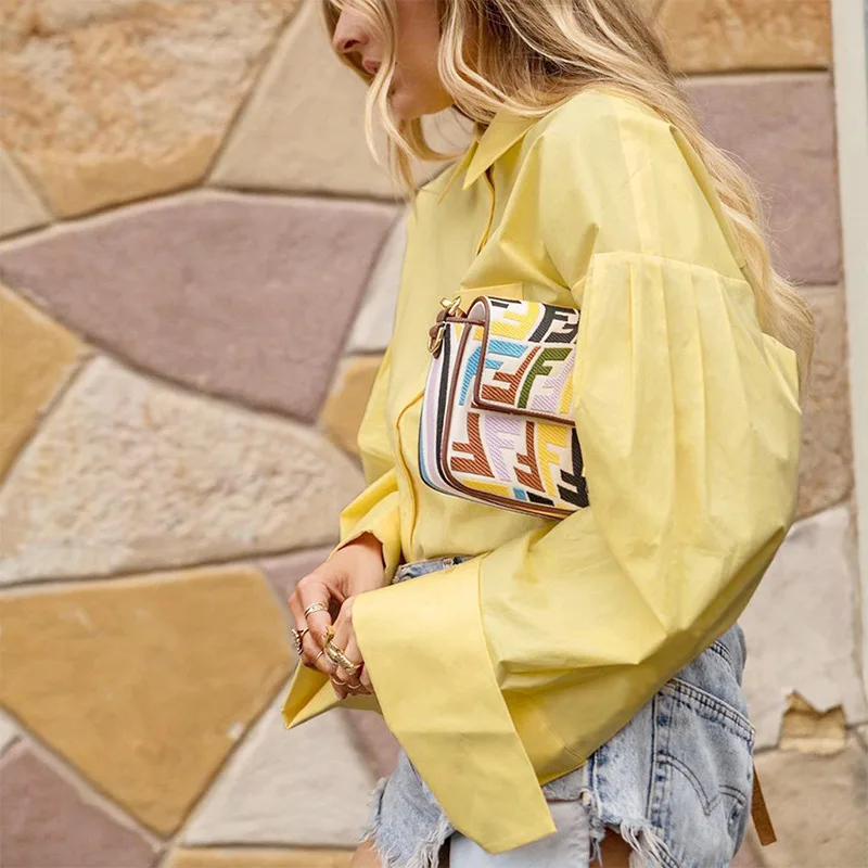 

Flare Sleeve Women's Shirt Yellow Turn-down Collar Vintage Long Sleeve Cardigan For Woman Loose Office 2021 Autumn Top Female