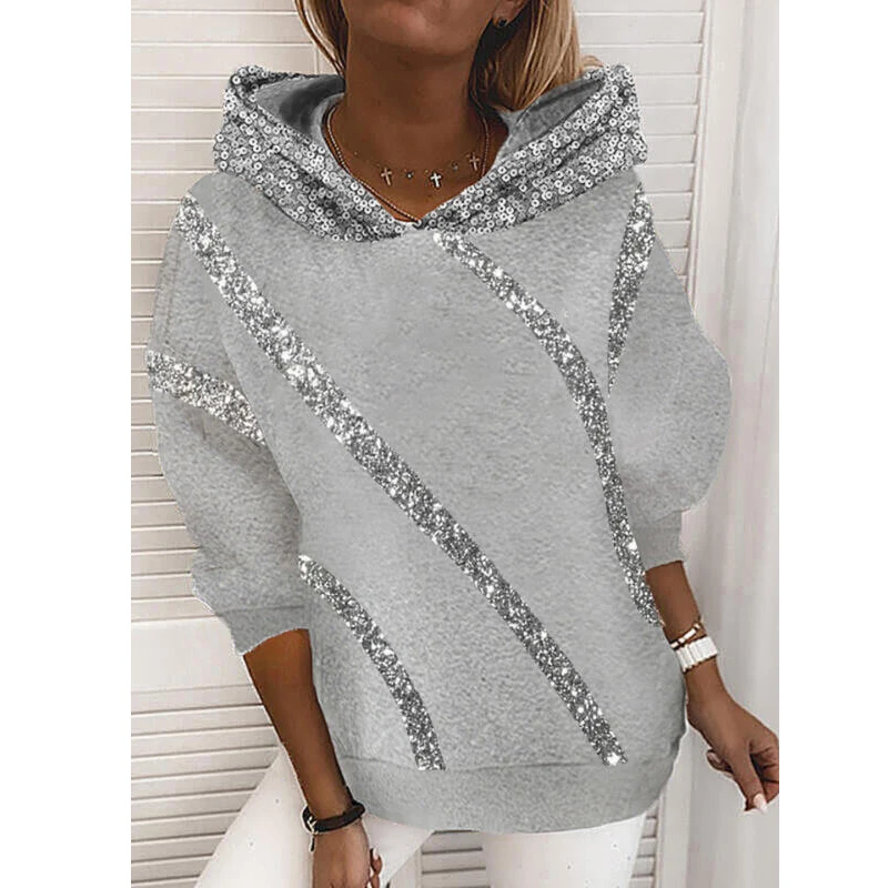 

New Spring Autumn Winter Fashion 3D Sequin printing Line Women Long Sleeve Loose Hooded Top Sweatshirt Casual Plus Size S-2XL