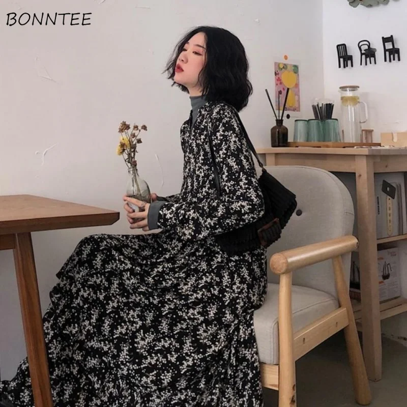 

Retro Dresses Women French Style Trendy Long Sleeve Floral Empire Korean Style All-match Elegant Lady Cozy Female Simple Student