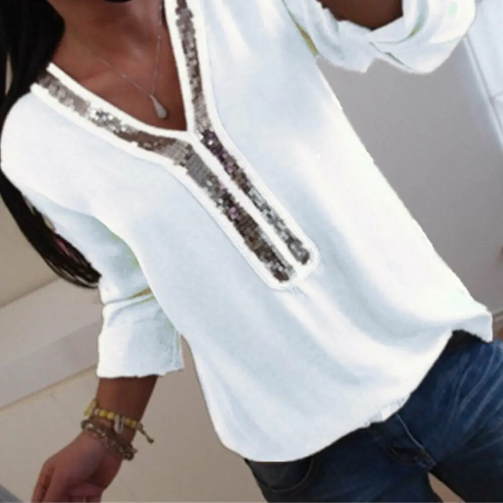 

Fashion Plus Size Women Clothing Ladies Long Sleeve Loose Summer V-Neck Casual Shirts Tops Sequined Solid Casual Soft Clothes