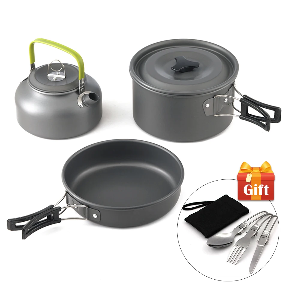 

Ultra-light Aluminum Alloy Camping Cookware Utensils Outdoor Cooking Teapot Picnic Tableware Kettle Pot Frying Pan 3pcs/Set