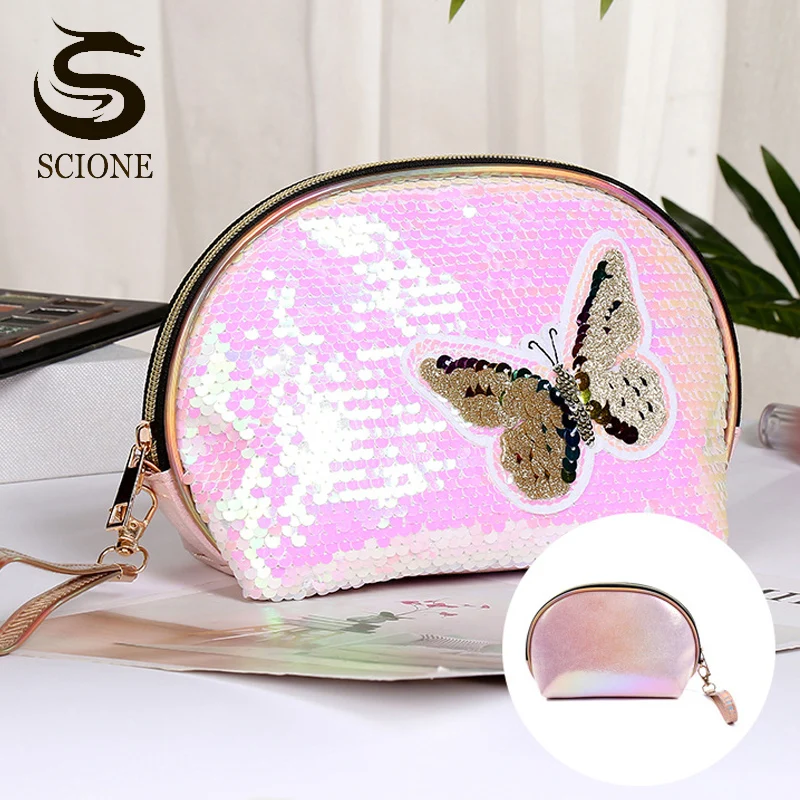 Женская косметичка с блестками женский макияж изображением бабочки сумка из