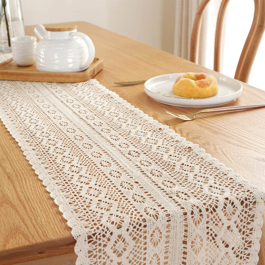 

Pastoral Handmade Lace Tassel Table Runner Country Crochet Knitting Dustproof Hollow Cotton Polyester Rectangle Table Cloth