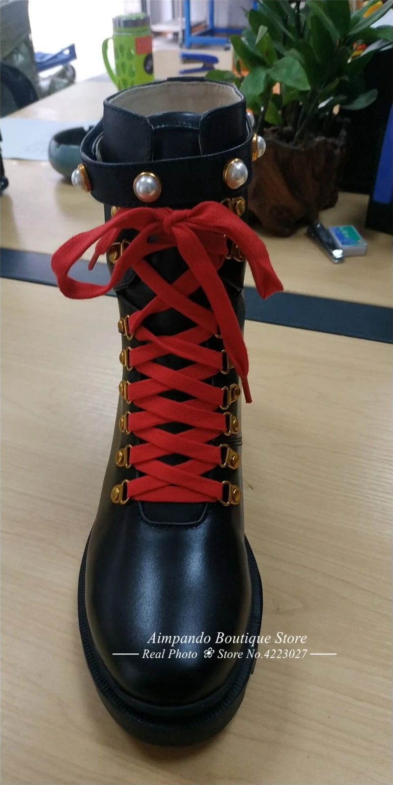 Real Leather Black Ankle Boots Women Round Toe Mixed Color Pearl Rivet High Heel Boots Woman Fashion Martin Boots