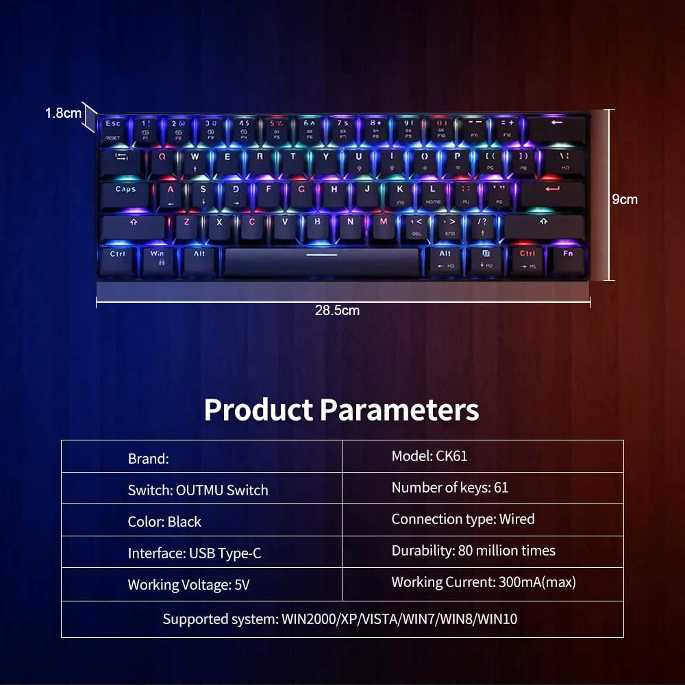 

CK61 Wired Keyboard Portable USB RGB LED Backlight 61 Keys Mechanical Gaming Keypad for Computer Gamer Home Office