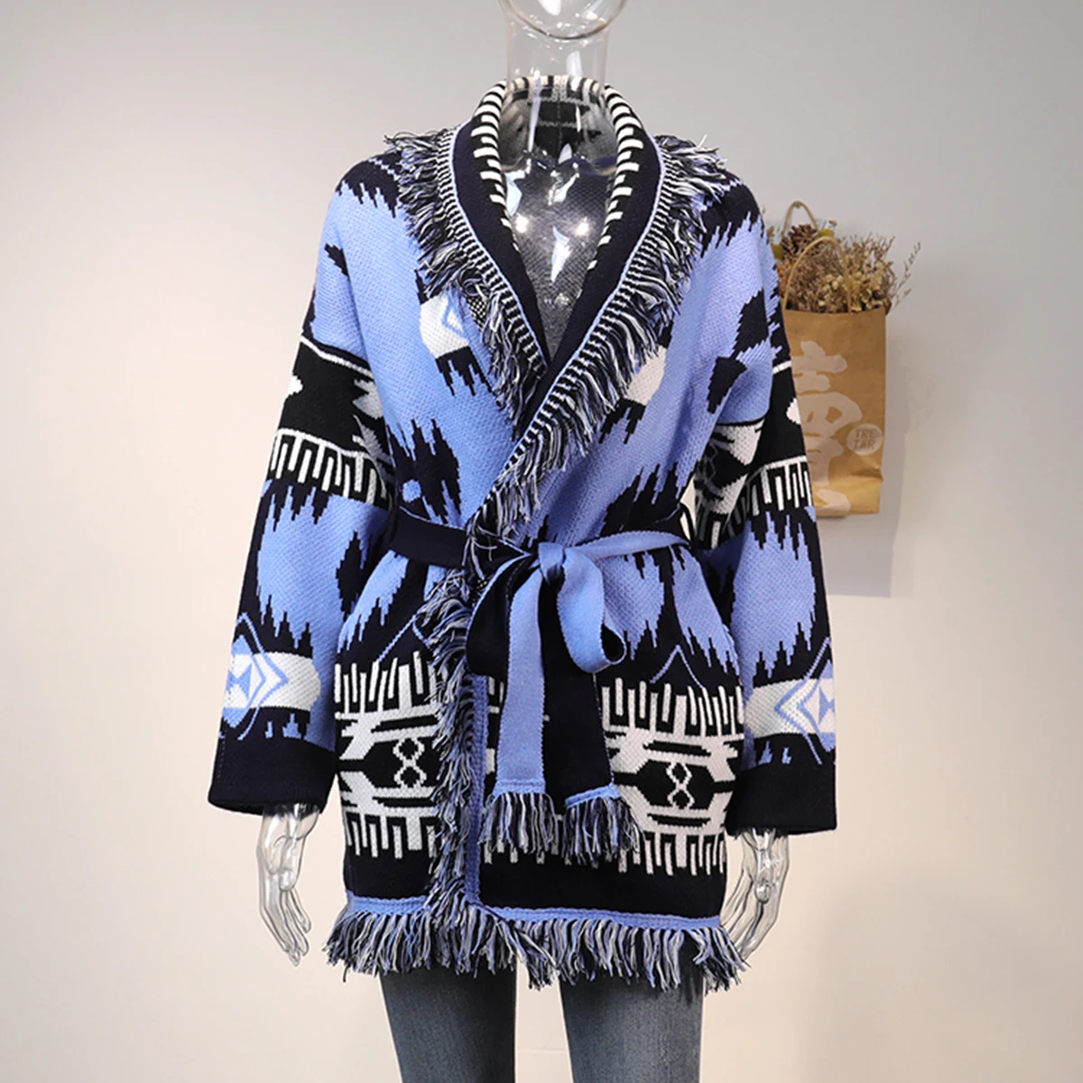 

Jastie Intarsia Pattern Retro Cardi-coat Fringed V-neck Long Sleeve Cashmere Wool Sweater Cardigan Jacket Loose Thick Overcoat
