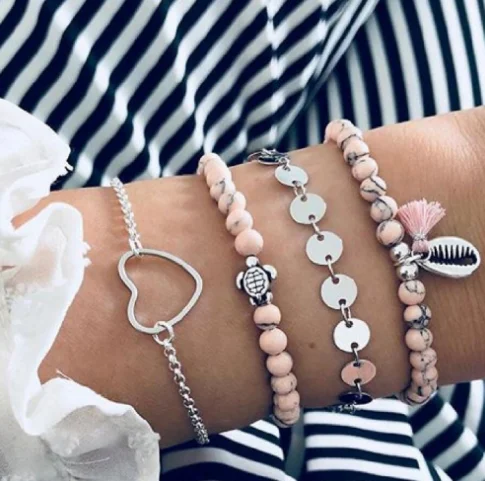 4 шт./компл. богемные женские браслеты серебряное пустое сердце Милая черепаха в