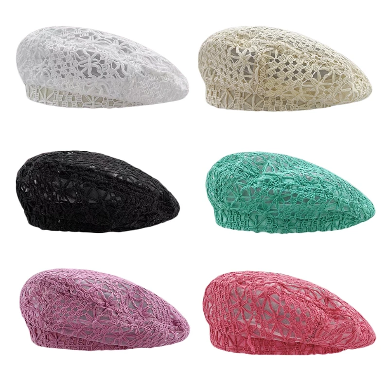 

066F Crocheted Hat Summer Women Beret Hat Knitted Hat Cotton French Style Artist Hat Hollowed Out Fashion Accessory