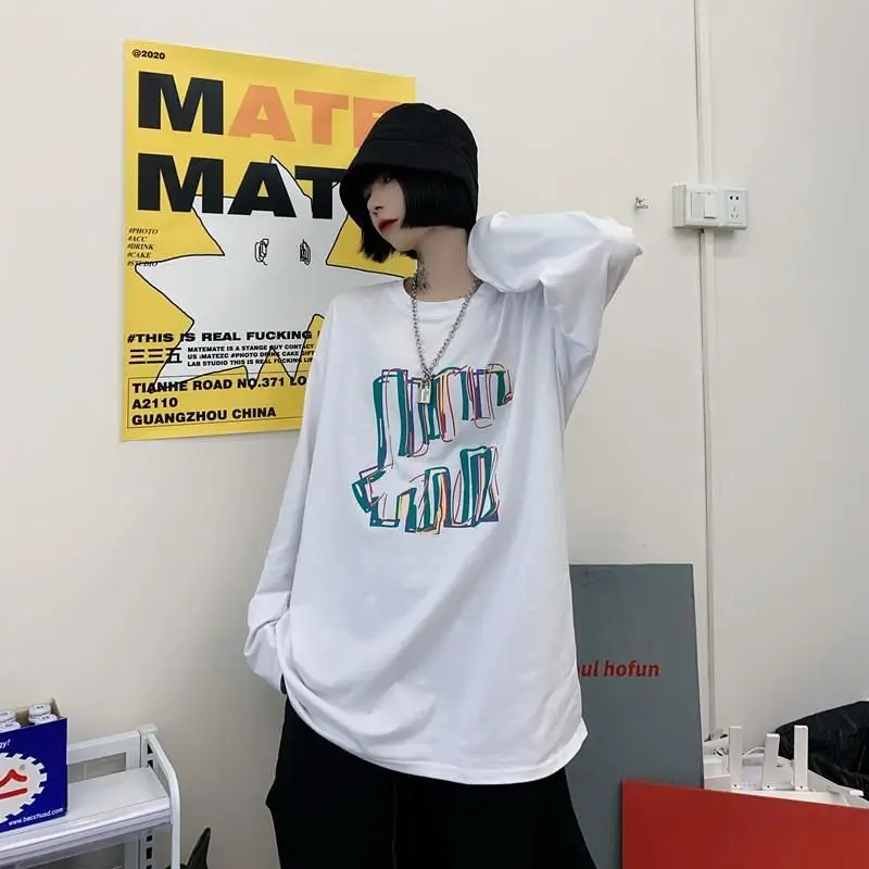 

Long Sleeve Female Top Spring Dress 2021 New Female Harajuku Korean Loose Casual Black Bottomed T-shirt Lovers Fashion Harajuku