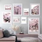 Настенная картина розовая в японском стиле с изображением цветущей вишни, настенные картины на холсте в скандинавском стиле для гостиной, домашний декор