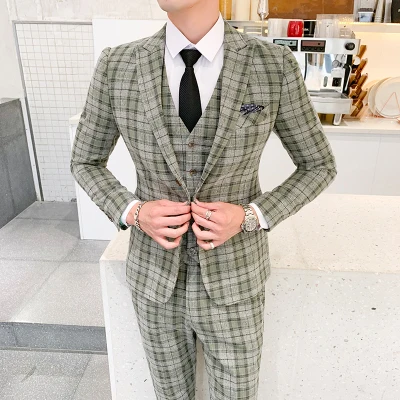Matcha Plaid Мужские свадебные костюмы из 3 предметов, большие размеры 5XL, мужские костюмы-смокинги, мужские клетчатые костюмы с двойным вентиляционным отверстием, приталенные мужские костюмы Terno Masculino - Цвет: Matcha Plaid