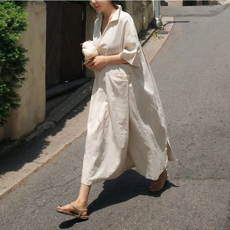 Женское винтажное платье из хлопка и льна Johnature однотонное свободное с V образным