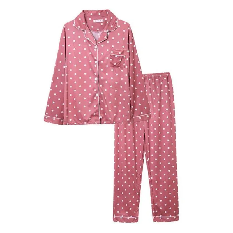 

Пижама женская, из молочного шелка, в горошек, с длинным рукавом