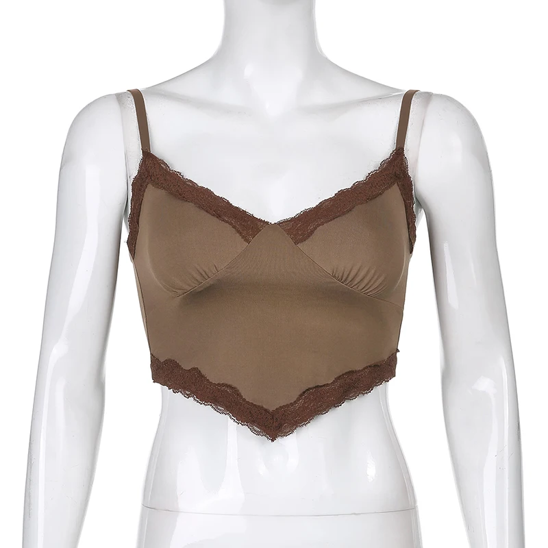 

Waatfaak V Neck Solid Brown Top Y2K Sexy Satin Streetwear Spaghetti Straps Tops Women Lace Corset Top Lace Patchwork Crop 2020