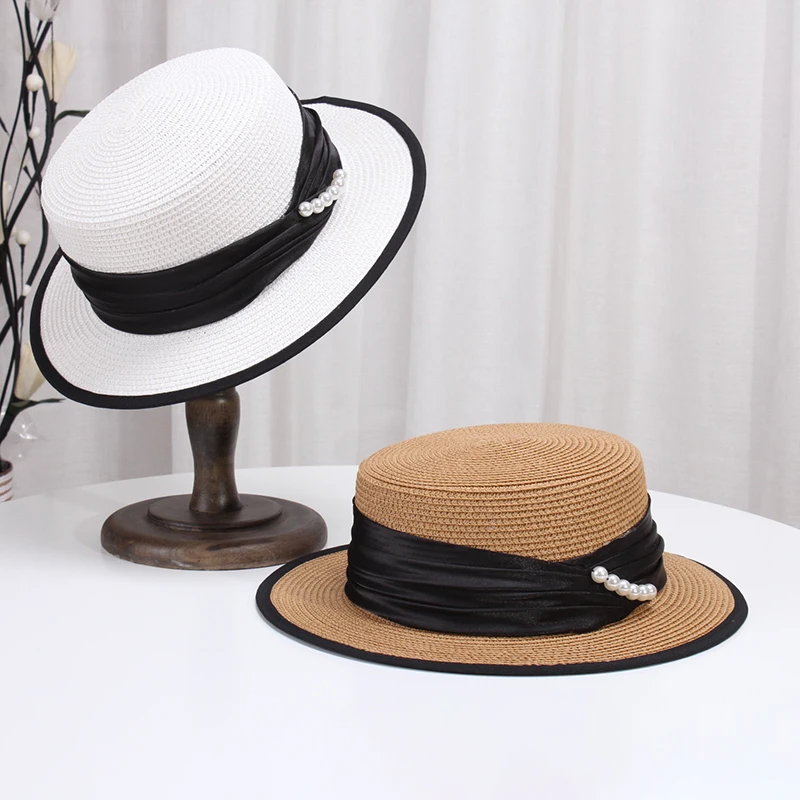 

Summer Women's Boater Beach Hat Wide Brim Female Casual Panama Hat Lady Elegant Flat Pearls Bowknot Straw Sun Hat Women Fedora