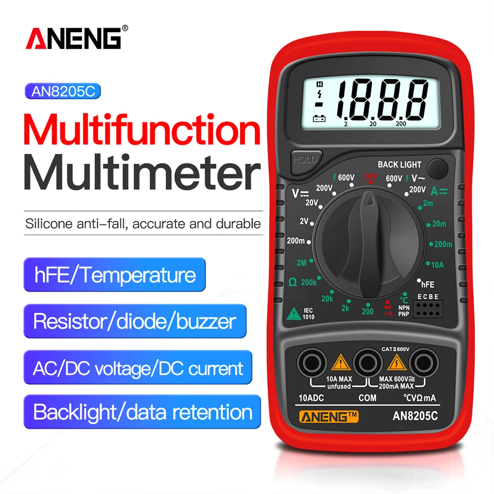 

ANENG AN8205C Digital Multimeter AC/DC Ammeter Volt Ohm Tester Meter Multimetro With Thermocouple LCD Backlight Portable