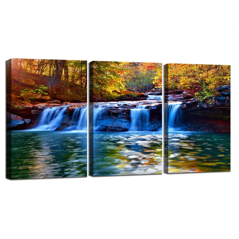 

3 Pieces Framed Forest Waterfall Scenery Canvas Wall Art Nature Landscape Painting Pictures for Living Room Ready To Hang