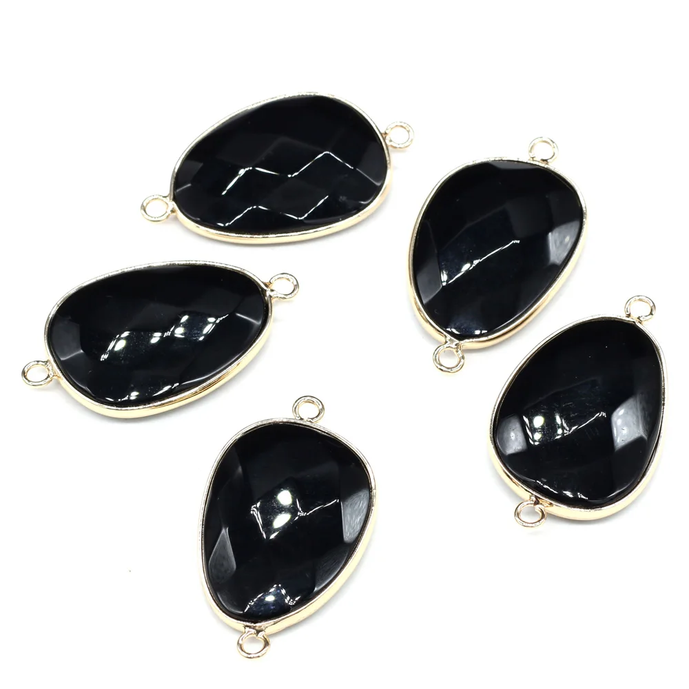 Подвески из природного камня формы капли с двойным отверстием из черного оникса для создания ювелирных изделий DIY - аксессуары для ожерелий и браслетов.
