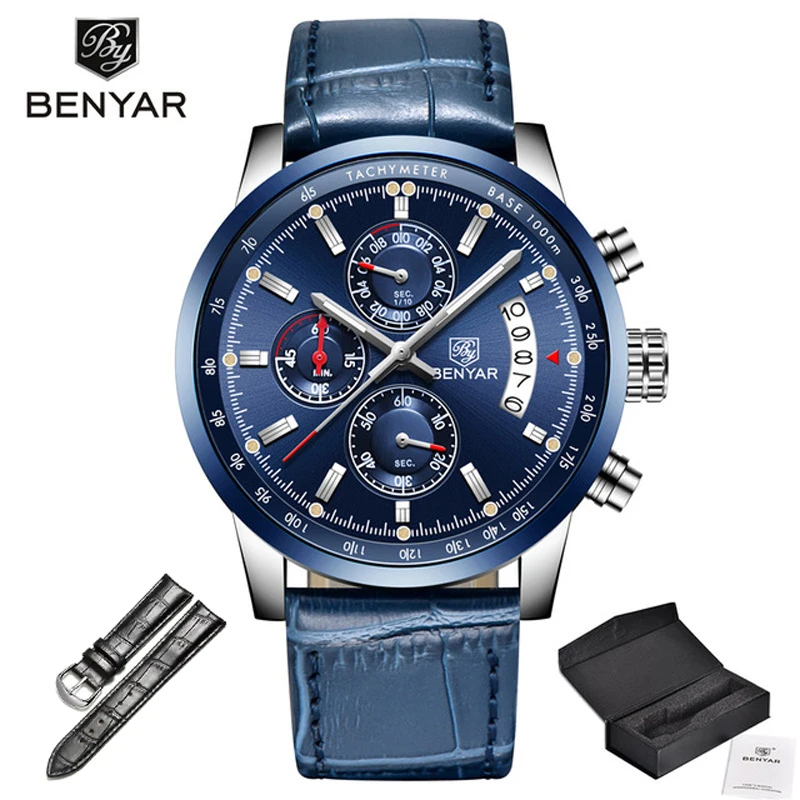 Blue BENYAR, мужские часы, кожа/синие часы, мужские Кварцевые спортивные часы, мужские повседневные Модные мужские водонепроницаемые наручные часы, Relogio Masculino - Цвет: Blue