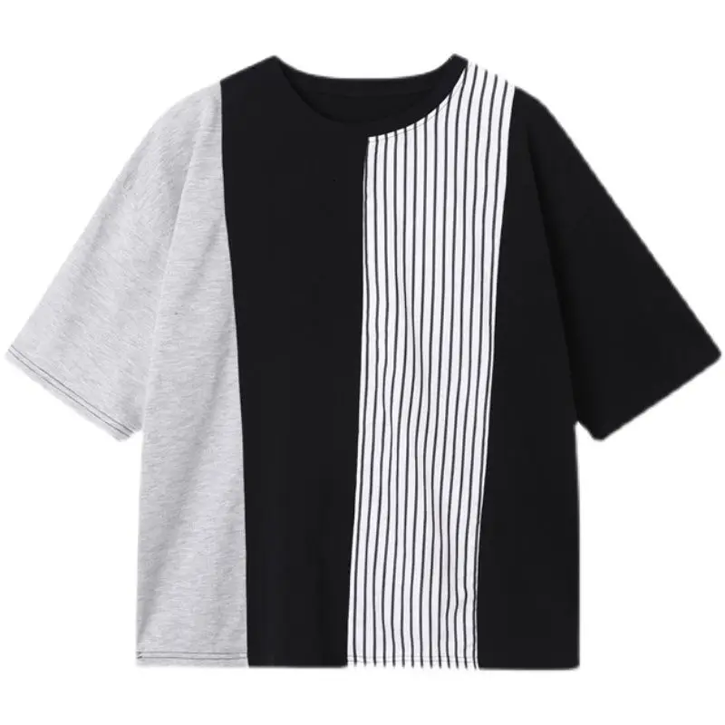 

IEFB New Personal Striped Contrast Color Patchwork Round Neck T-shirt Men's Korean Fashion Casual Short Sleeve Summer Top 9Y6727