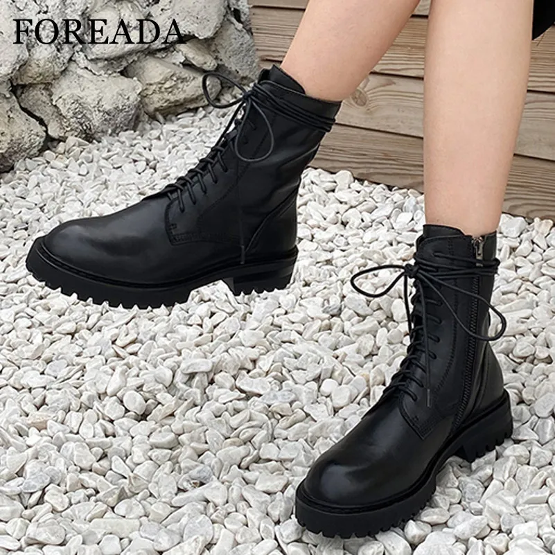 Женские сапоги до середины икры FOREADA черные белые из натуральной кожи на плоской