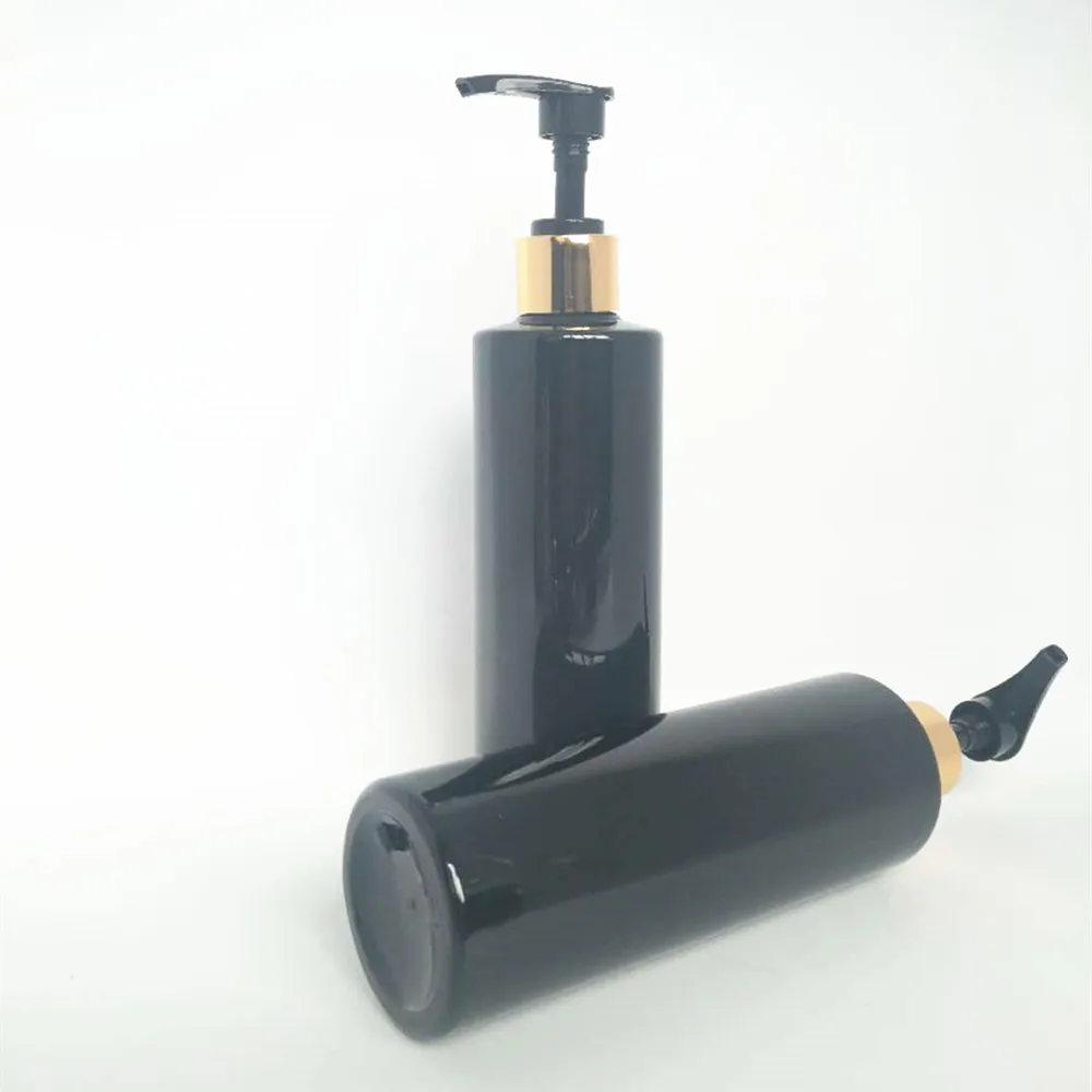 

24ps/lot Lotion Bottle 250ml Black Shampoo PET Bottle for Gel With Gold Silver Lotion Dispenser Cosmetic container
