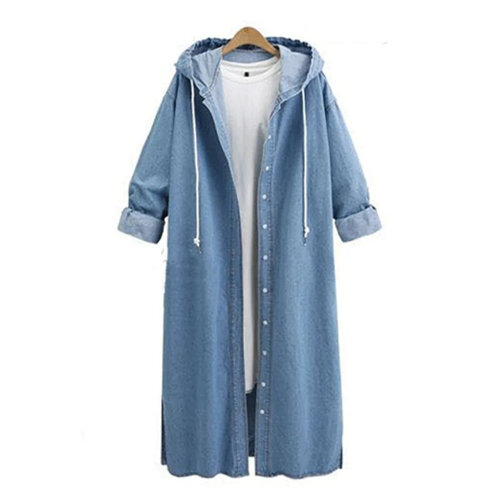 Женское джинсовое пальто с открытым капюшоном однобортное длинное осенняя