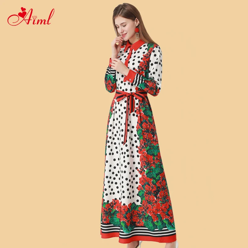 Дизайнерское весенне летнее Женское Платье макси с длинным рукавом и отворотом в