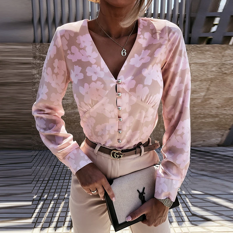

2021 Autumn Summer Women Chiffon Shirt Elegant V-neck Long Sleeve Buttons Flower Printed Blouse Female Casual office Slim Shirts