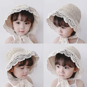 Летняя детская соломенная шляпа, милая дышащая кружевная шнуровка, Пляжная Солнцезащитная шляпа с широкими полями, ветрозащитная однотонная шляпа