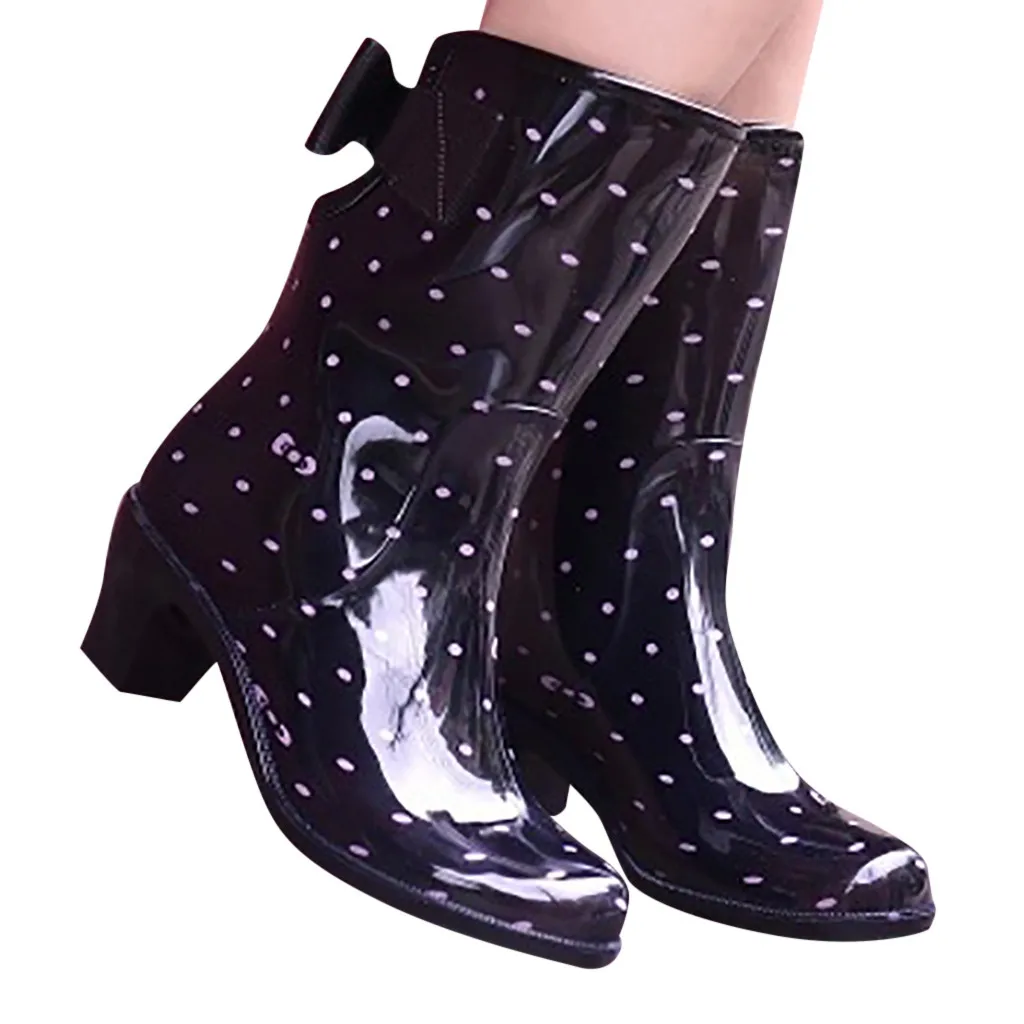 Mid-Calf Rainboots Casual Round Toe Platform Womens Fashion Bow Flats Low-Heeled Middle Tube Rain Boots Waterproof Water Shoe 30
