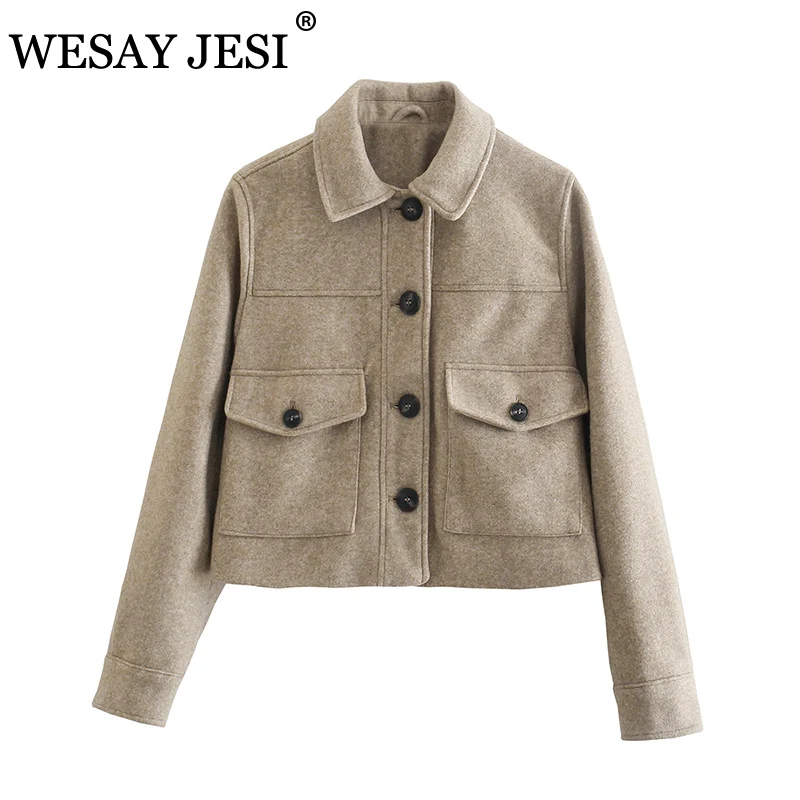 

Куртка WESAY JESI ZA Женская Осенняя, Элегантная Модная однотонная свободная шерстяная Верхняя одежда с карманами и длинным рукавом, на пуговица...