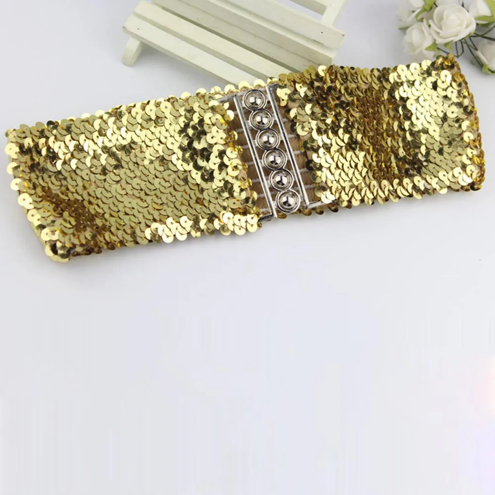 Women Fashion sequins Belt Straps Sequin Elastic Waistband Buckle Wide Stretch Belts Casual Corset Strap Dress Decor New |