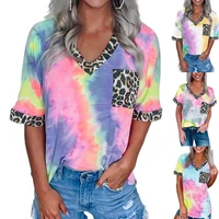 blouse tie dyed leopard print stitched pocket v neck short sleeve t shirt shirts for women tops graphic t shirts