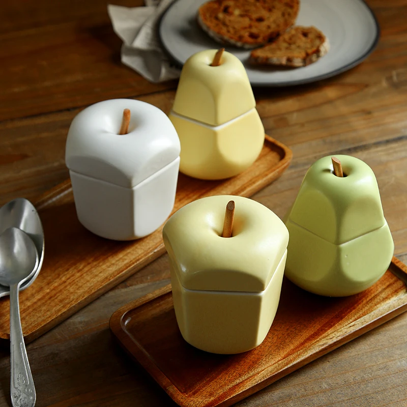 

Kitchen Ceramic Spice Jars With Organizer Fresh Fruit Bottle Salt Pear Apple Design Fresh Seasoning Utensils for kitchen