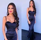 Сексуальное длинное атласное платье на бретелях-спагетти, на молнии сзади, темно-синий с лифом сердечком