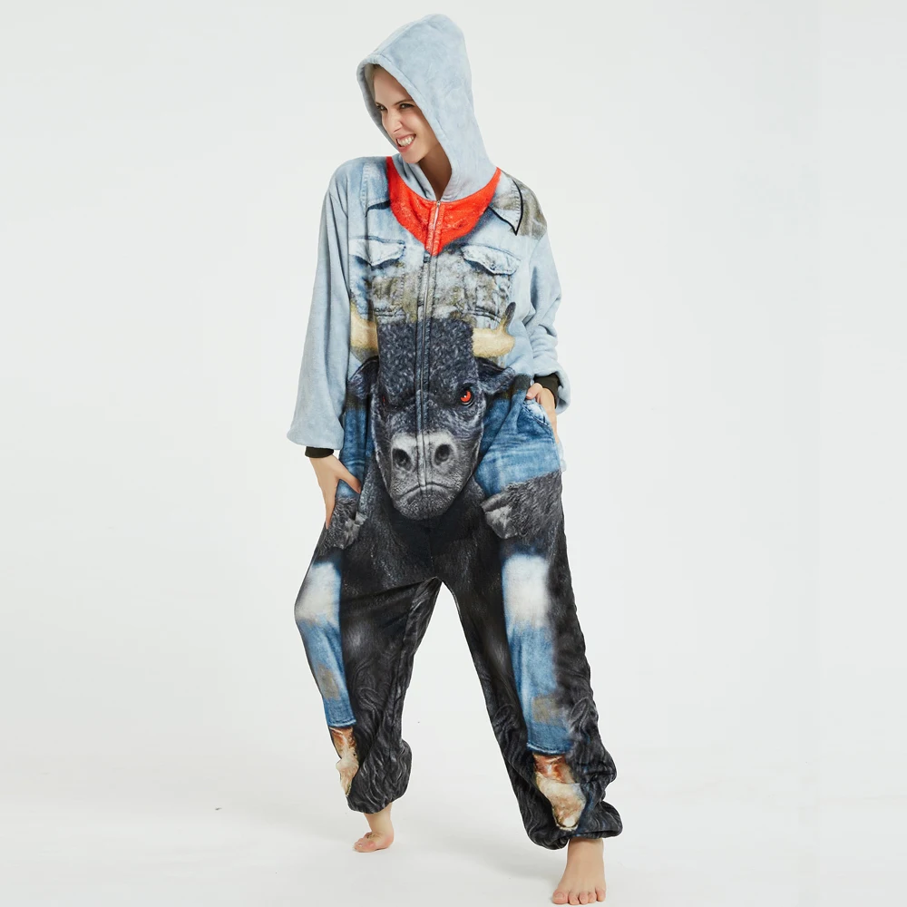 Popular Animal Cattle Pajamas Unisex Adult One-Piece Cosplay Sleepwear Women Winter Flannel Onesies Christmas Halloween Costume