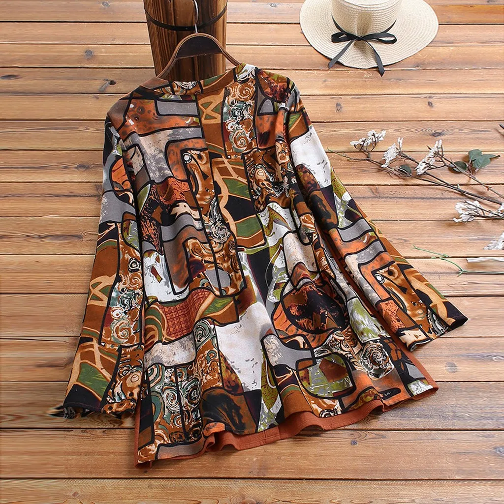 Женская повседневная блузка из хлопка и льна с принтом пуговицами длинным