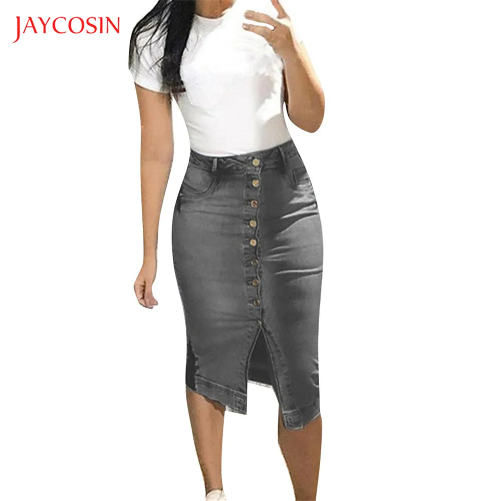 Женская джинсовая юбка длиной до колен с разрезом спереди | одежда