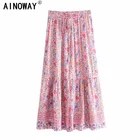 Винтажная шикарная модная женская пляжная юбка в богемном стиле, розовая юбка с цветочным принтом, трапециевидная юбка с высокой эластичной талией в стиле бохо из вискозы, Женская Макси-юбка