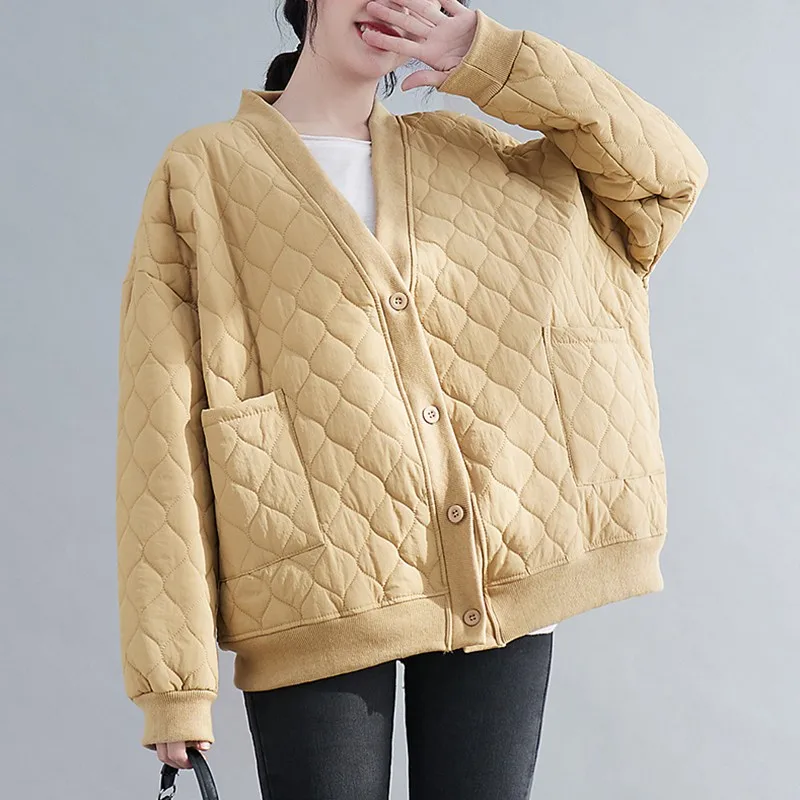 

Women Casual Quilted Coats New Arrival 2021 Autumn Winter Korean Style V-neck All-match Loose Female Thick Warm Jackets B1528