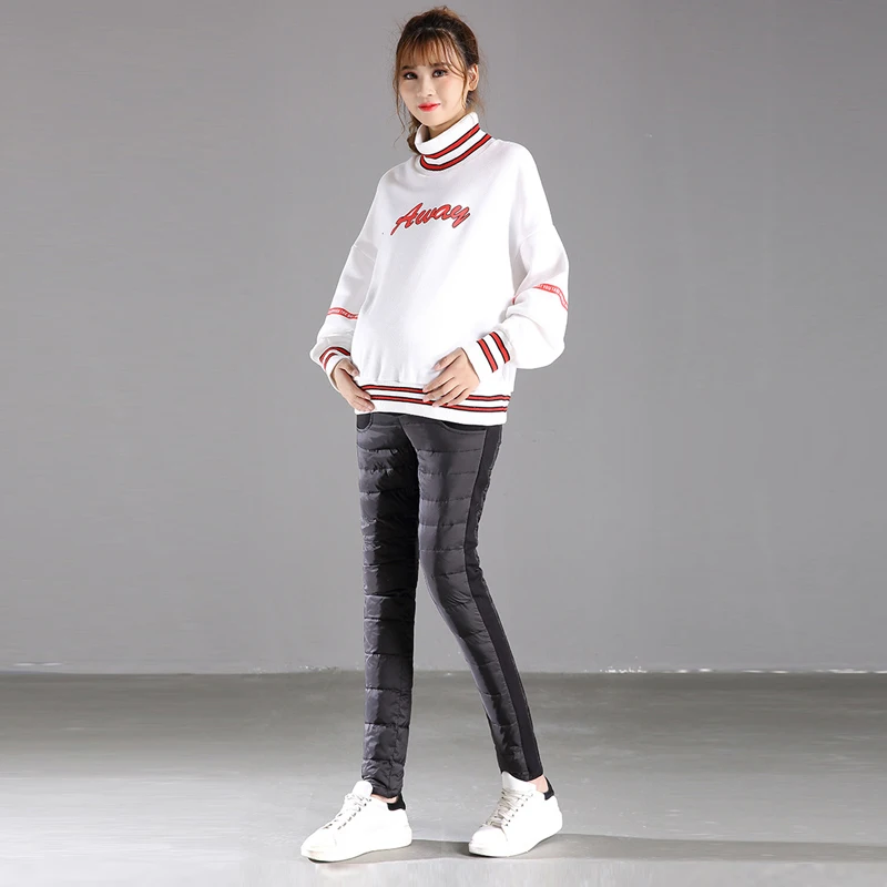 

YNZZU 2019 Winter Casual 90% White Duck Down Pants Women Solid High Waist Pregnant Woman Thicken Warm Trousers Windproof AB236