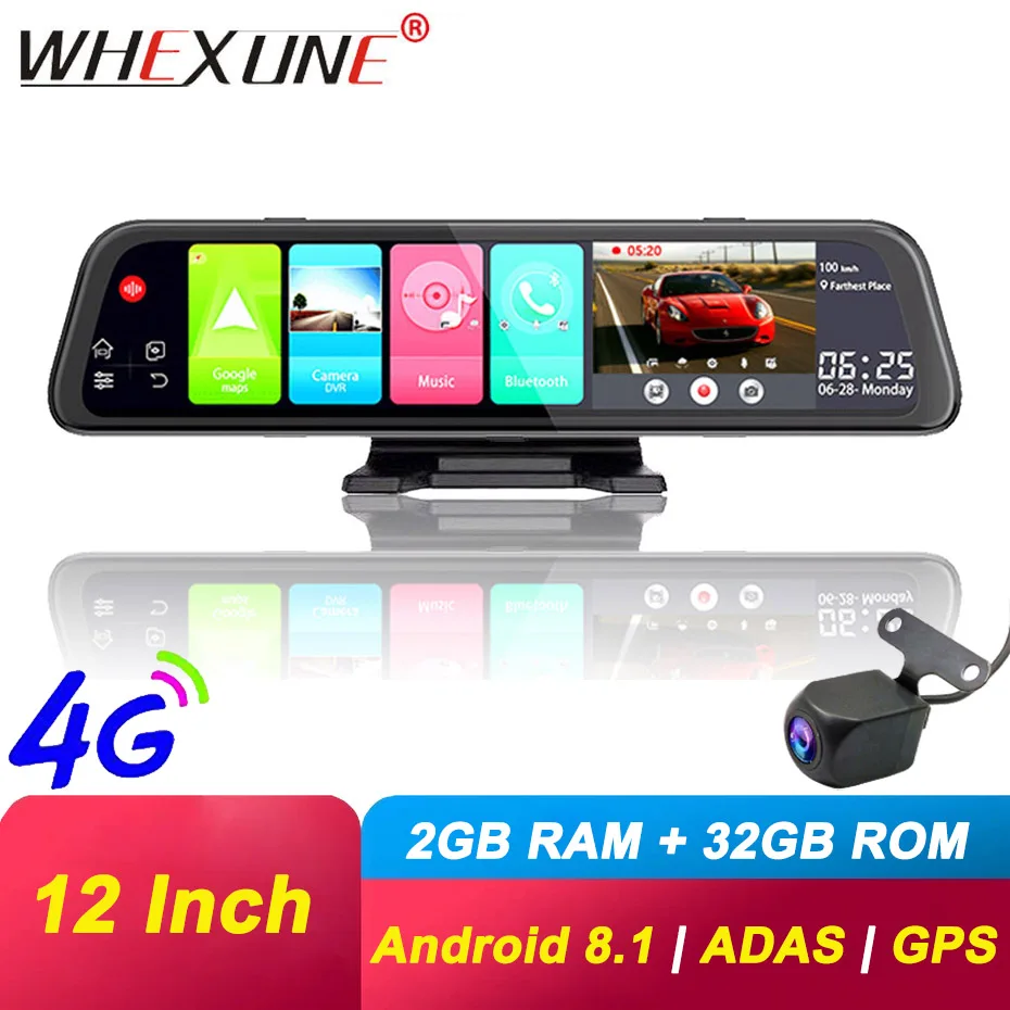 Автомобильный видеорегистратор WHEXUNE 4G Android 8 1 GPS 12 дюймов зеркало заднего вида 2 Гб