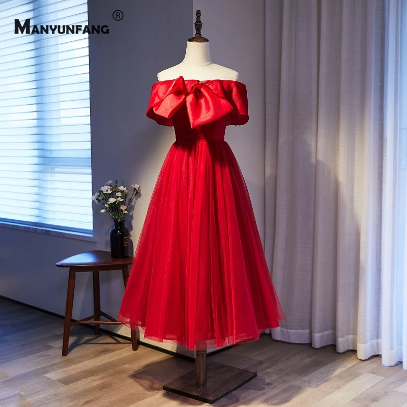 

Custom Made Boat Neck Bow Off the Shoulder Satin Bridesmaid Gown 2021 New Arrival Lace Up Back Mid-Calf A-Line Wedding Dress