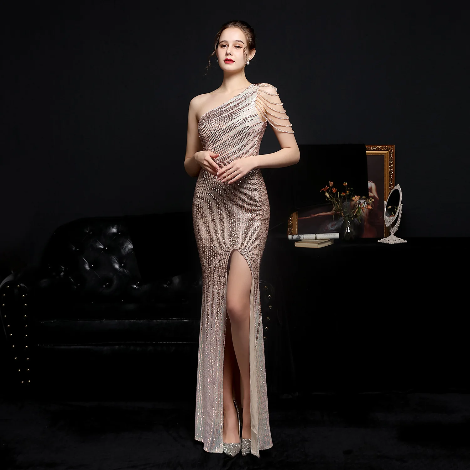 Gold Sequin &Bead One Shoulder Sleeveless Formal Special Occasion Dresses Women Party Night Club Wear Sexy Long Dress With Split