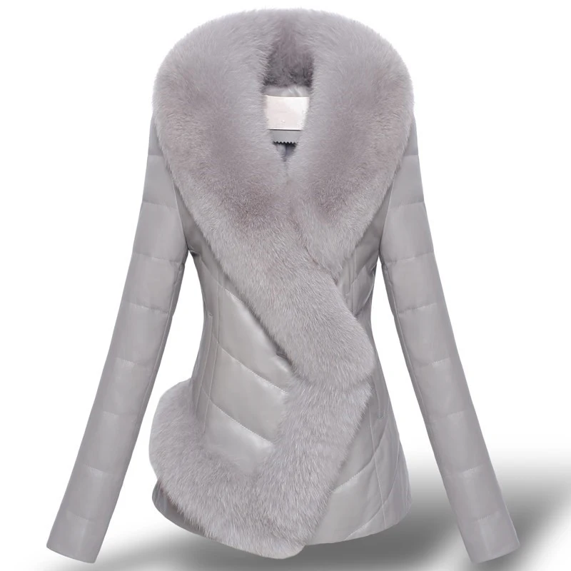 Women Imitation Faux fox fur collar PU Leather Jacket Winter Short Jackets Plus size Womens Fur stitching F1083 | Женская одежда